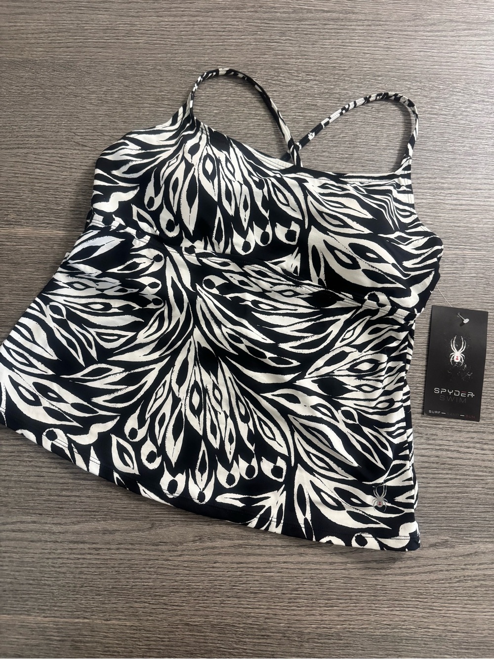 Spyder Swim Women’s Strappy Tankini Top Built In Bra Size L Black White